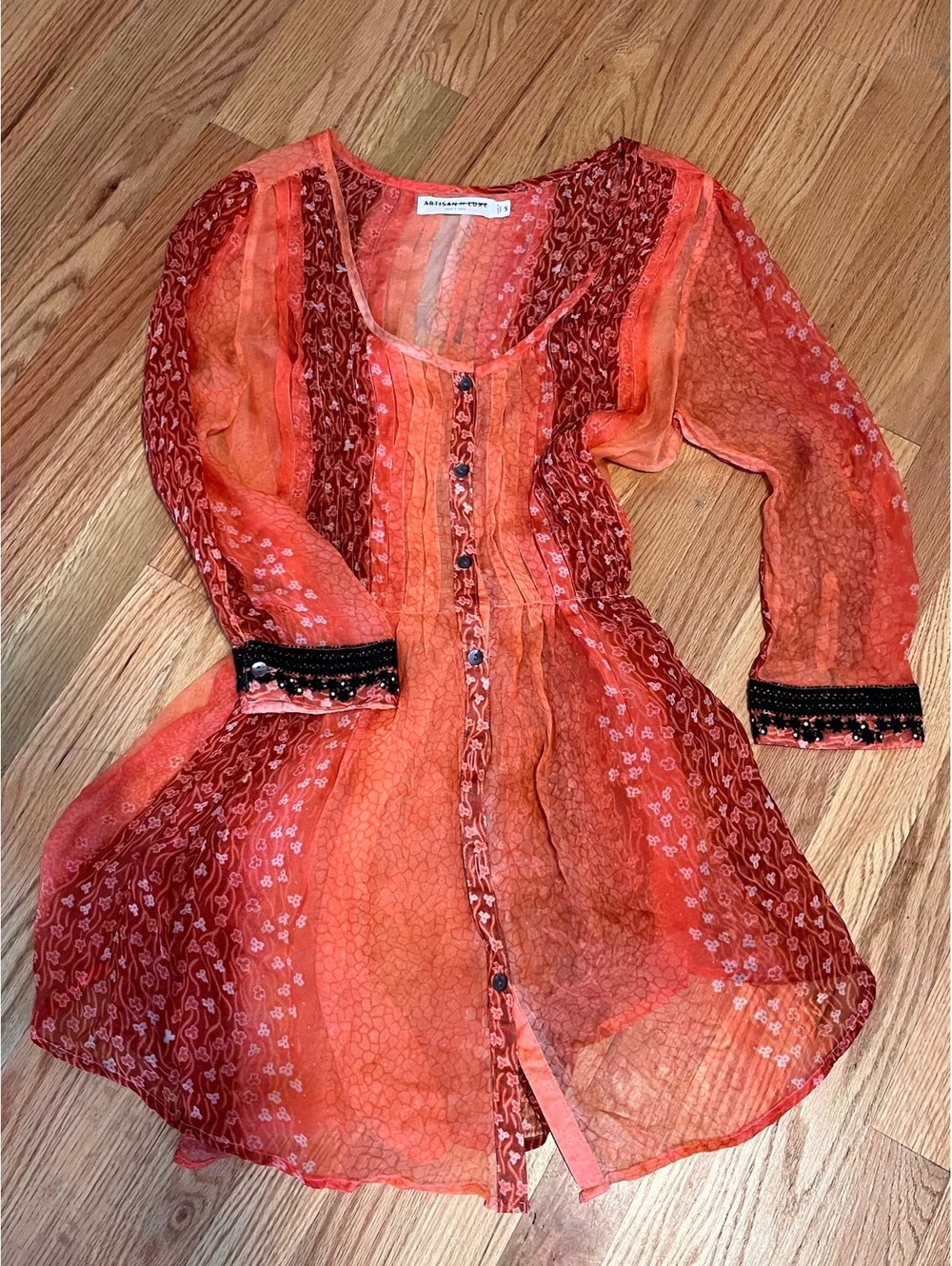 Artisan Luxe Orange Pleated Sheer Tunic Top Velvet Sequin Cuff Fairy Boho